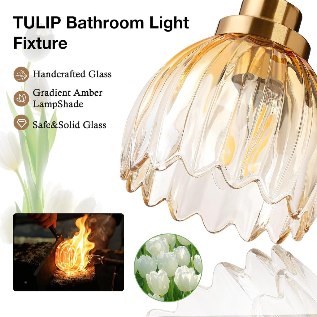 Black Gold 3-Light Bathroom Vanity Light with Amber Tulip GlassShade | Modern Vanity Lighting Fixtures, Bathroom