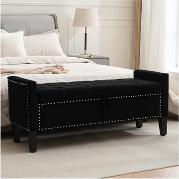 Storage Ottoman Bench, Velvet Upholstered Footstool , Tufted Seat with Storage, Wooden Legs & Metal Rivets, Black