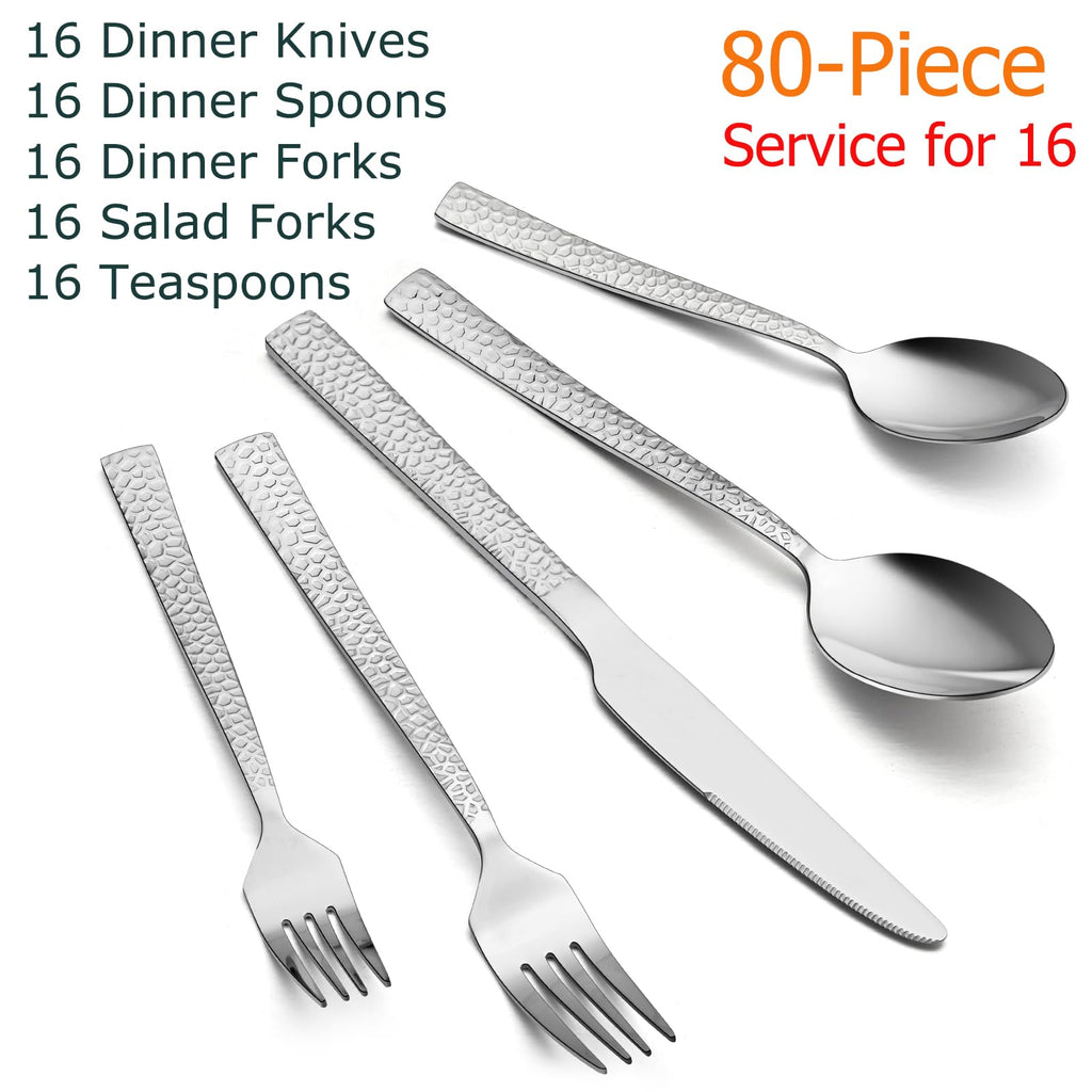 80-Piece Hammered Silverware Set, Stainless Steel Square Flatware Set Service for 16, Tableware Cutlery Set Includes