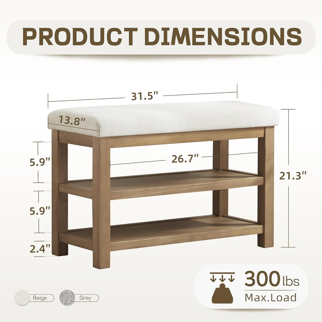 2 Tier Shoe Rack Bench with Cushion, Solid Wood Shoe Benches, Mid-Century Modern Shoe Storage Bench , Closet, Front