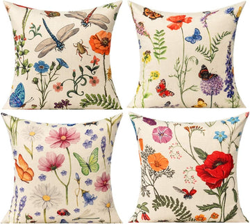 Outdoor Patio Throw Pillow Covers 18x18 Set of 4 Spring Summer Garden Flowers Farmhouse Décor Outside Furniture Bench