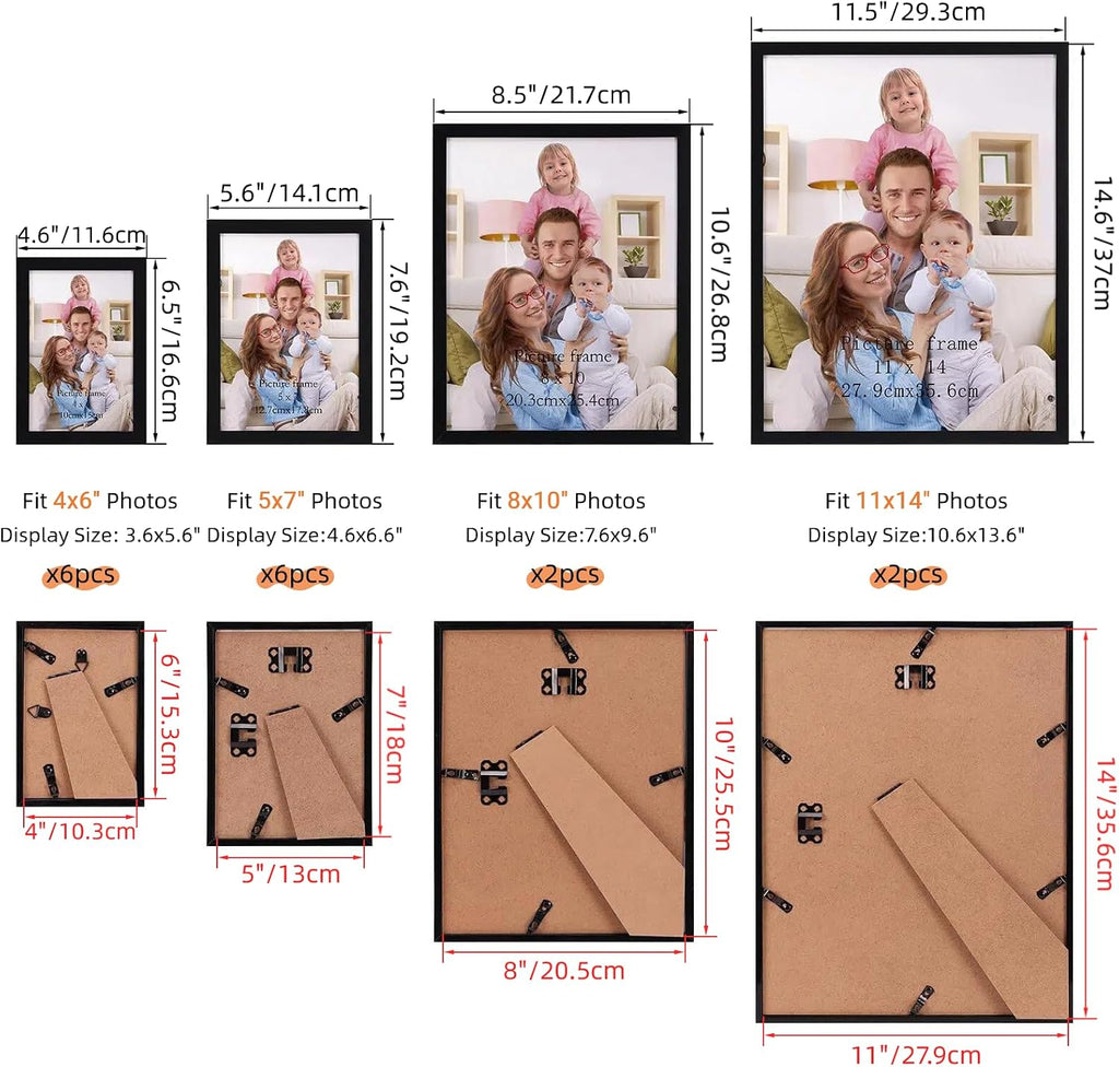 16 Pack Black Picture Frames for Multi Sizes Photos, Assorted Set Including Two 11x14, Two 8x10, Six 5x7, Six 4x6