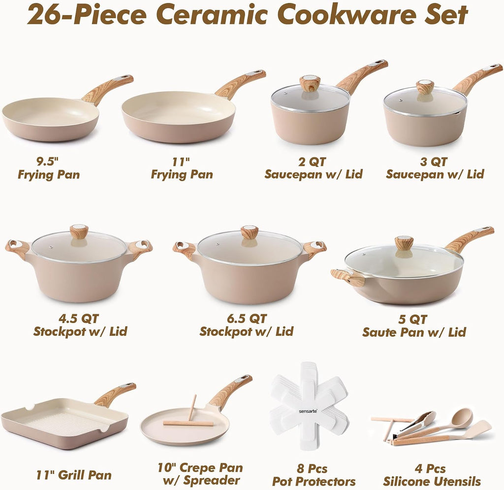Ceramic Cookware Sets, Pots and Pans Set Non stick, Non toxic Healthy Induction Cookware, 26 Pcs Nonstick Kitchen