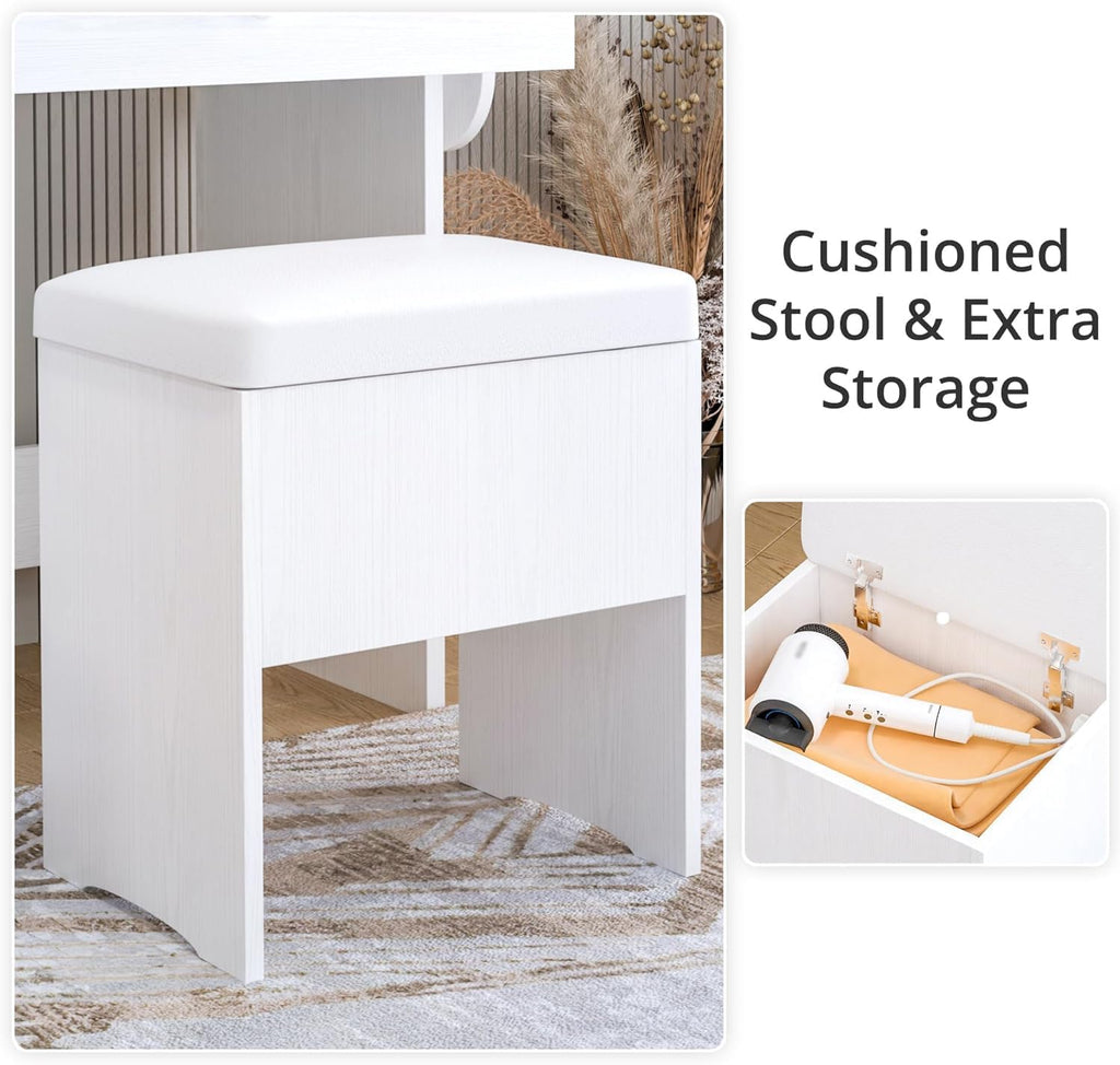Vanity Desk with Charging Station and Dressing Room | LED Lights, Drawers, Mirror, Storage, Drawer space