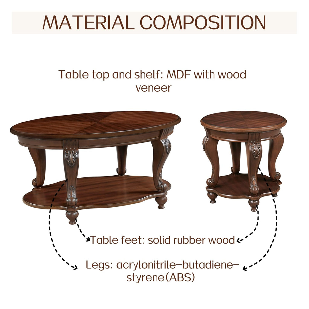 42" Vintage Oval Coffee Table, 2 Tier with Storage Shelf, Cherry