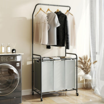 Laundry Sorter Hamper with Hanging Bar, 3 Section Laundry Cart