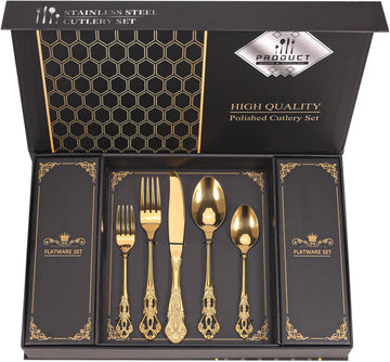 Retro Royal Gold Silverware Set With Gift Box For 8 Cutlery Set Utensils Stainless Steel Flatware 40 Pieces Kitchen