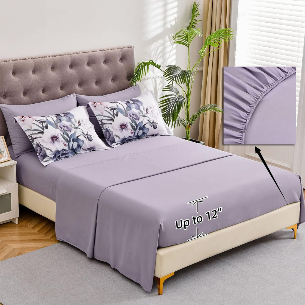 Floral Comforter Set Queen 7 Piece, Purple Flower Bed in a Bag, Elegant Floral Comforter with Sheet Set