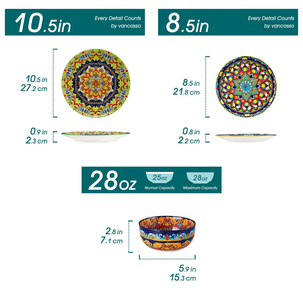 18-Piece Dinnerware Sets,Ceramic Plates and Bowls Sets Service for 6, Bohemian Style Porcelain Dishes Set for 6
