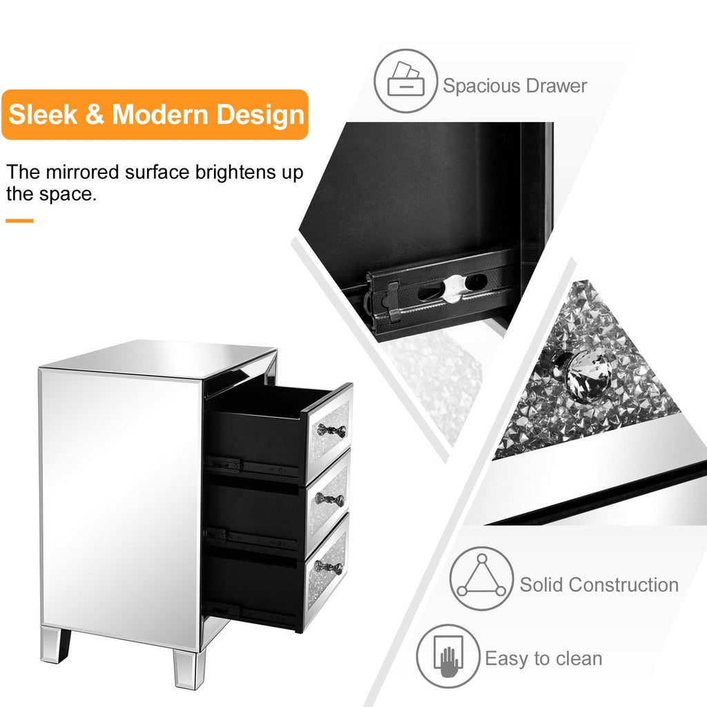 Mirrored Nightstand with 3 Drawers Modern End Table Bed Side Table with Mirrored Finish, 17.72-inch W x 13.78-inch D