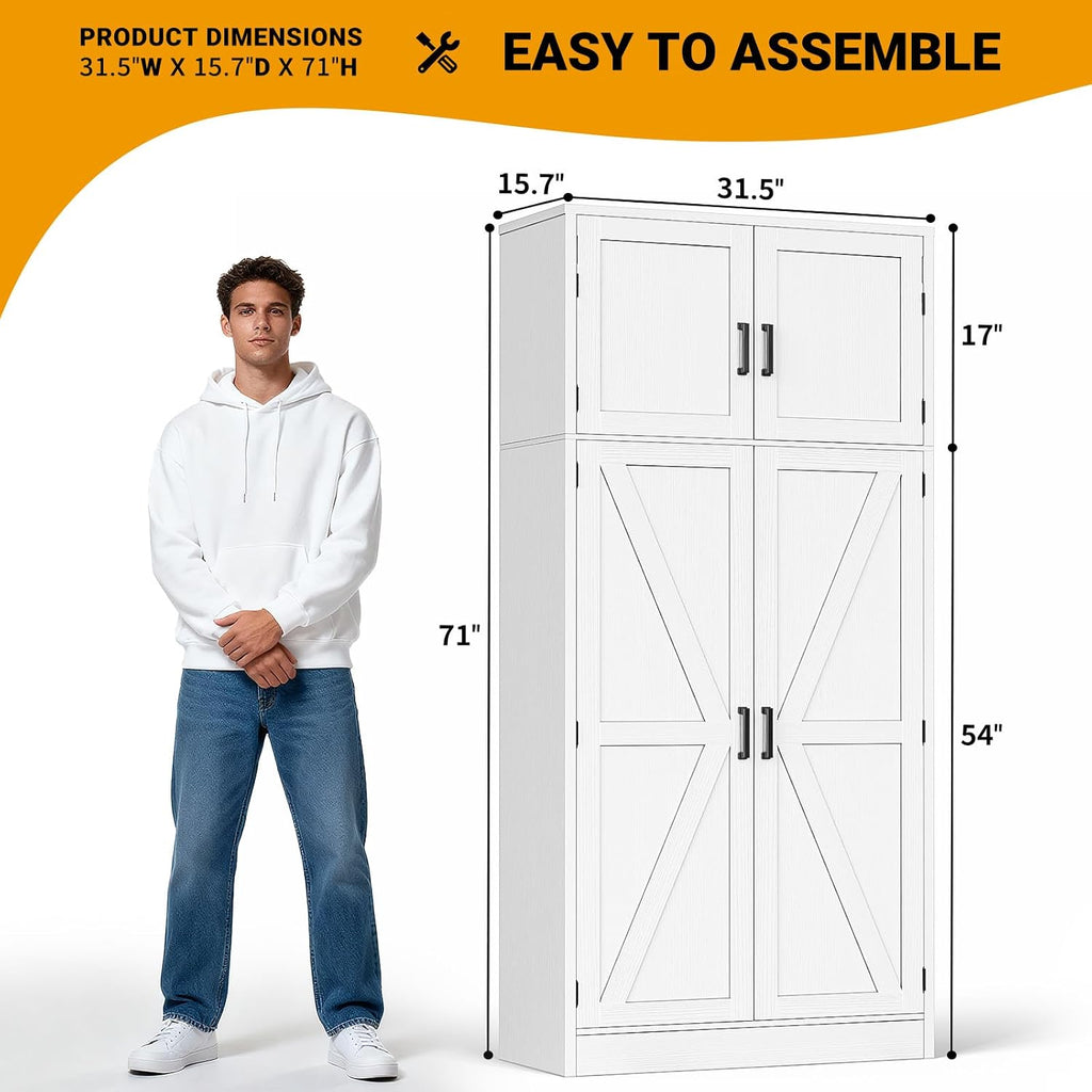 71" Tall Kitchen Pantry Storage Cabinet with Adjustable Shelves | Large Farmhouse Storage Cupboard, Barn Doors