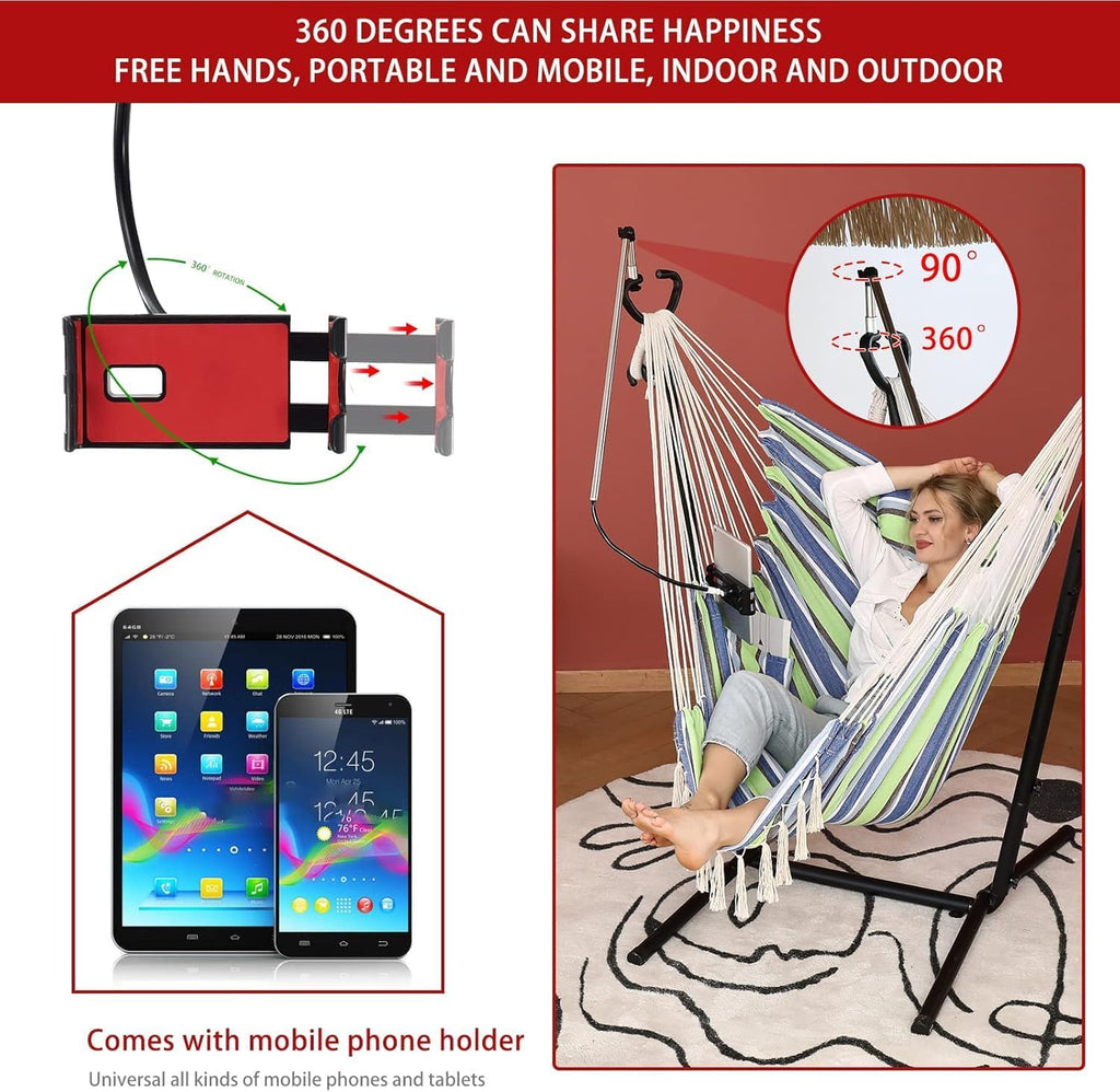 Hammock Chair with Stand Double Hammock Chair Bohemian Style with Tassel Mobile Phone Support Manual Adjustable Swing