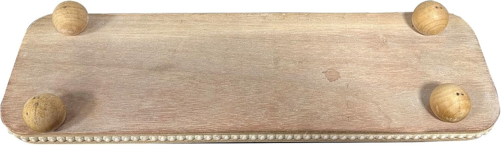 Oval Wooden Decorative Tray, Farmhouse Style, Beaded Serving Tray , Coffee Table (White Wash)