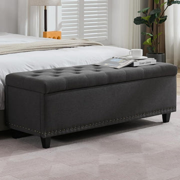 50.8" Ottoman With Storage, Storage Bench with Button-Tufted, End of Bed Storage Bench Safety Hinge with Rivets