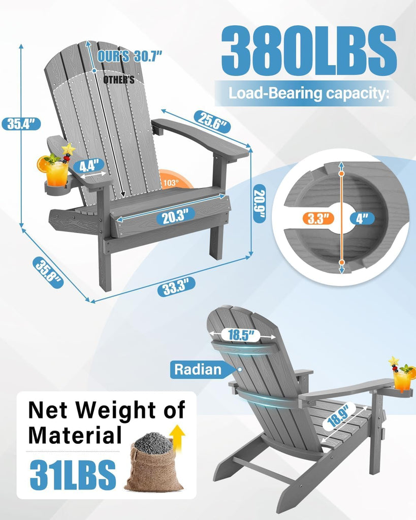 Adirondack Chairs Set of 2 with Cup Holder, Weather Resistant, Grey | HIPS Plastic Outdoor Fire Pit Chairs with Wood