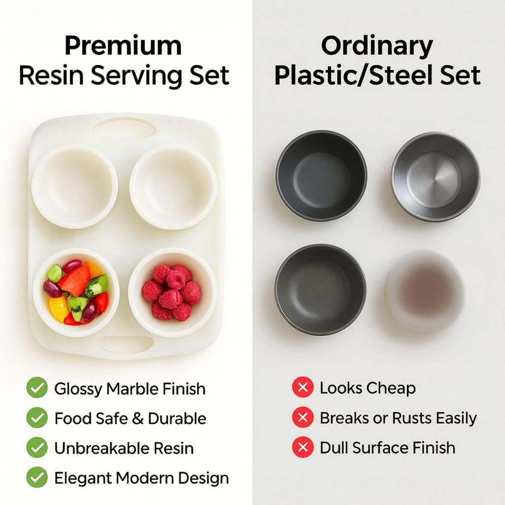 White Chip and Dip Tray, 5pc Serving Platter with Bowls - Modern Decorative Serving Tray and Snack Organizer Tray for