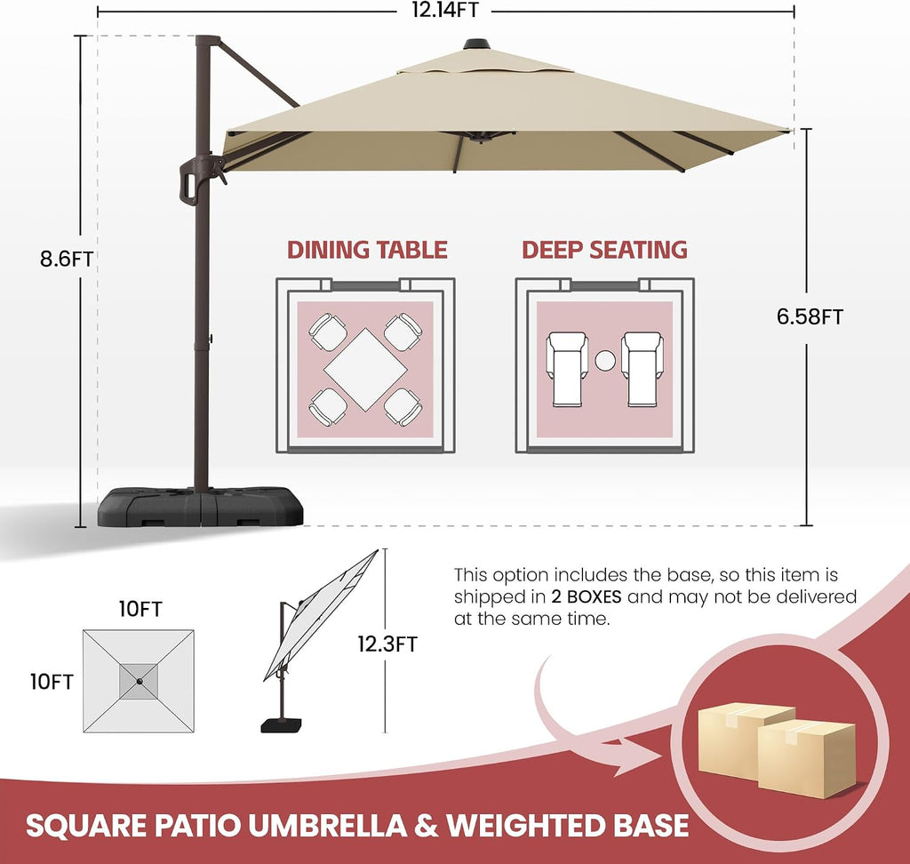 10X10 FT Cantilever Umbrella with Base Included, Large Offset Patio Umbrella 6 Angle Tilts & 360° Rotation