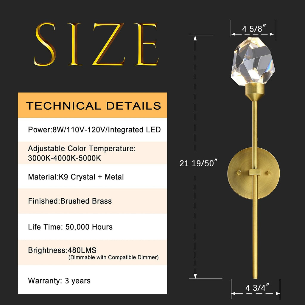 Indoor Crystal Wall Sconce, Brushed Brass Gold Hardwired Wall Light Fixture 3 Color Temperature 3000K-4000K-5000K 8W