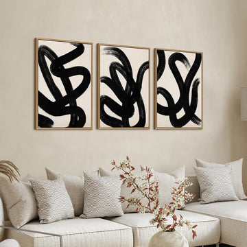 Framed Wall Art Canvas Set Abstract Lines Pictures Modern Mid Century Boho Wall Decor Minimalist Abstract Black