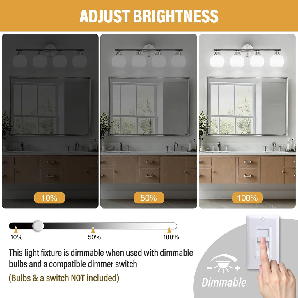 Brushed Nickel Bathroom Light Fixtures, 4-Light Vanity Light Over Mirror | Modern Bathroom Lighting Over Mirror, Wall