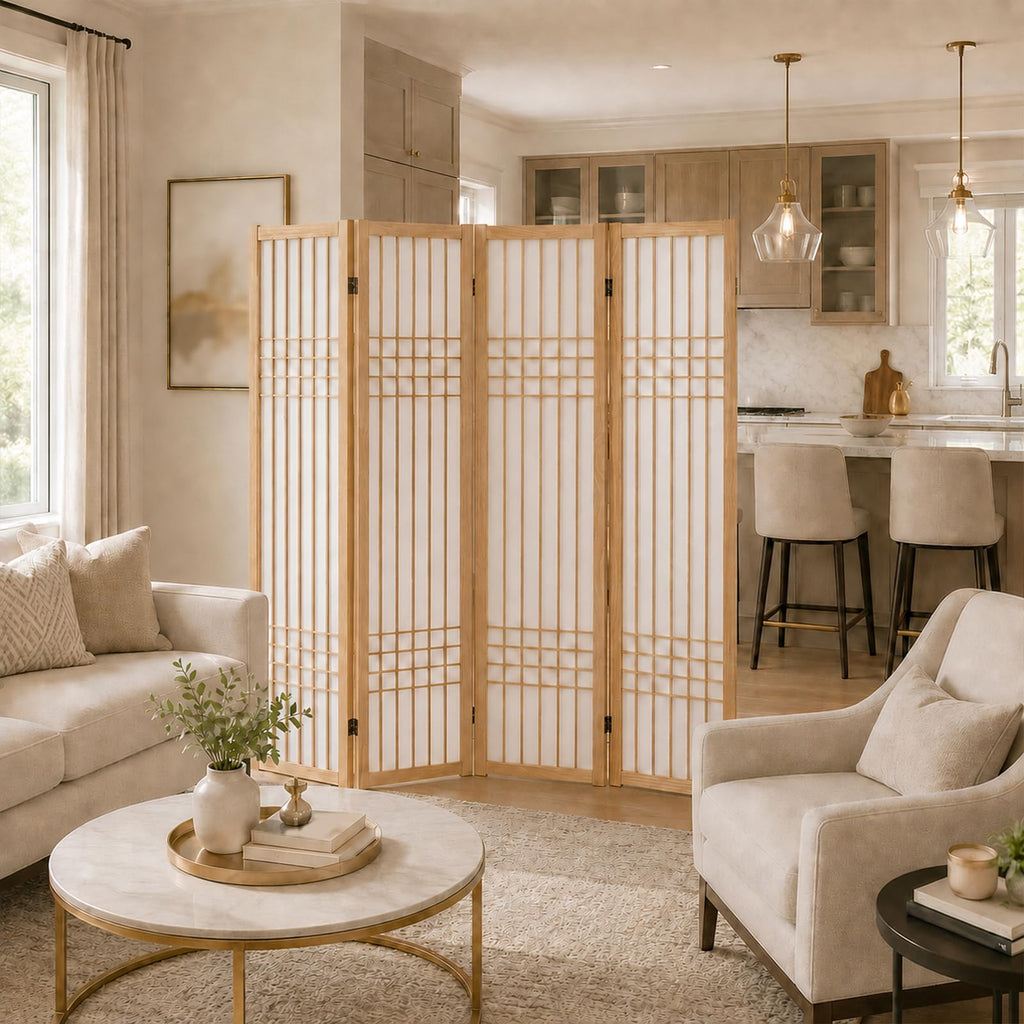 4 Panel Room Divider Folding Privacy Screen Light Brown