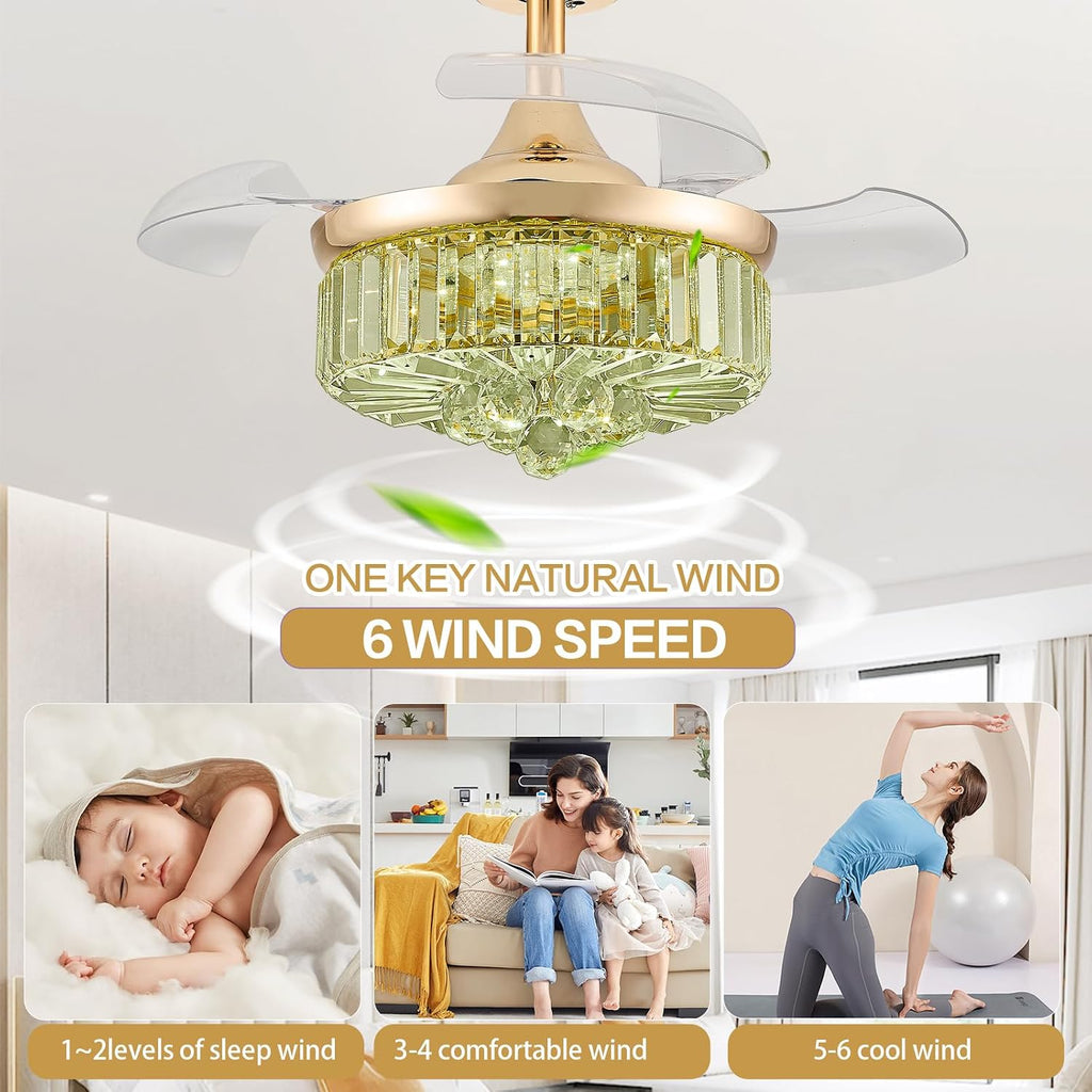 30" Retractable Crystal Ceiling Fan with Light, RGB Modern Fandelier 6 Speeds Reversible Blades Dimmable Chandelier