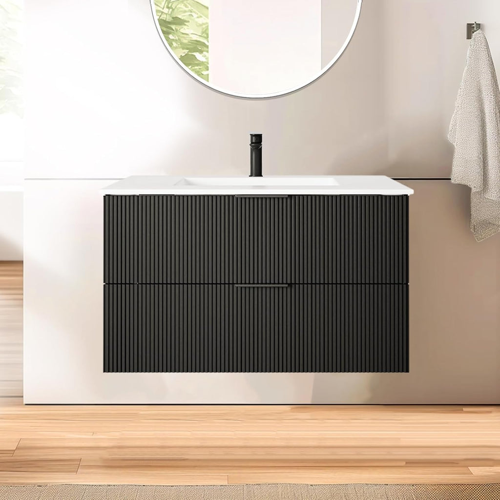 30" Black Wall Mounted Floating Bathroom Vanity with Sink - Modern Vanity Cabinet