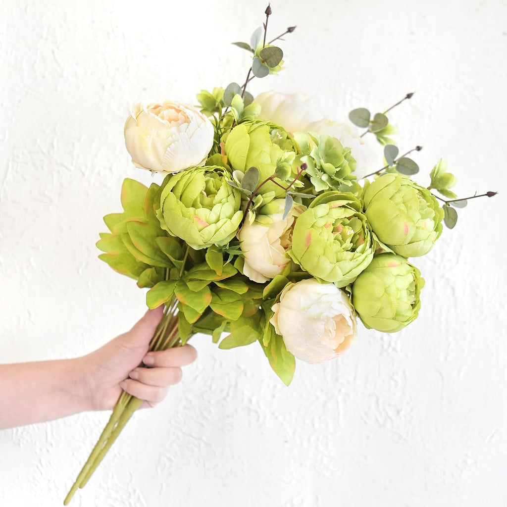 Artificial Peony Bouquets, 2 Cream Beige & Moss Green Silk Flower Bundles for Wedding Centerpieces & Home Decor