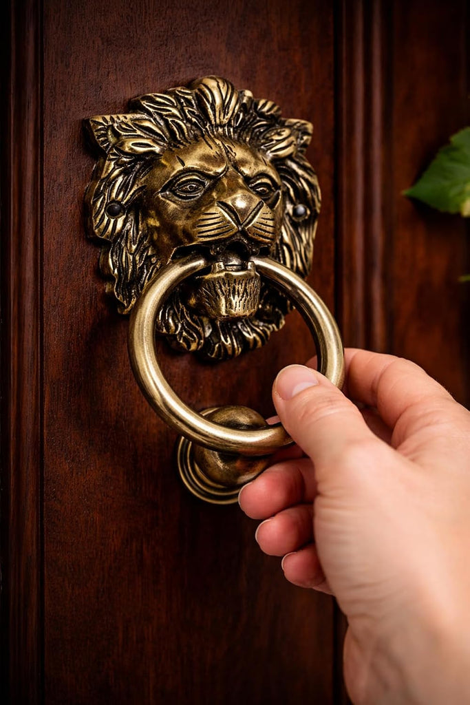 Brass Door Knocker Hand-Etched Carved Gate Knocker Handle Pull Home Decor Hardware Lion Head Design Golden Color 5.5