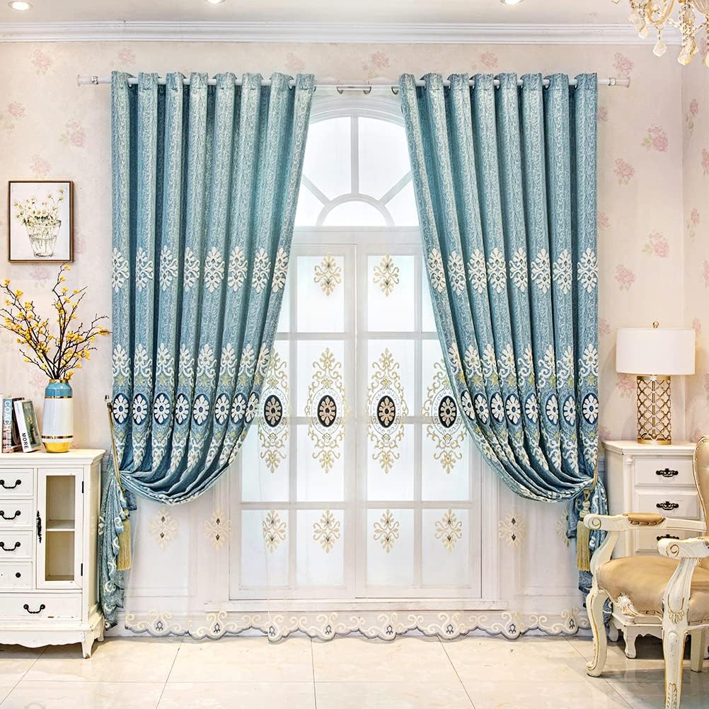 Beige Embroidered Sheer with Blue Pattern European Style Curtains for Bedroom Transparent Tulle,Grommet Top,52" W x