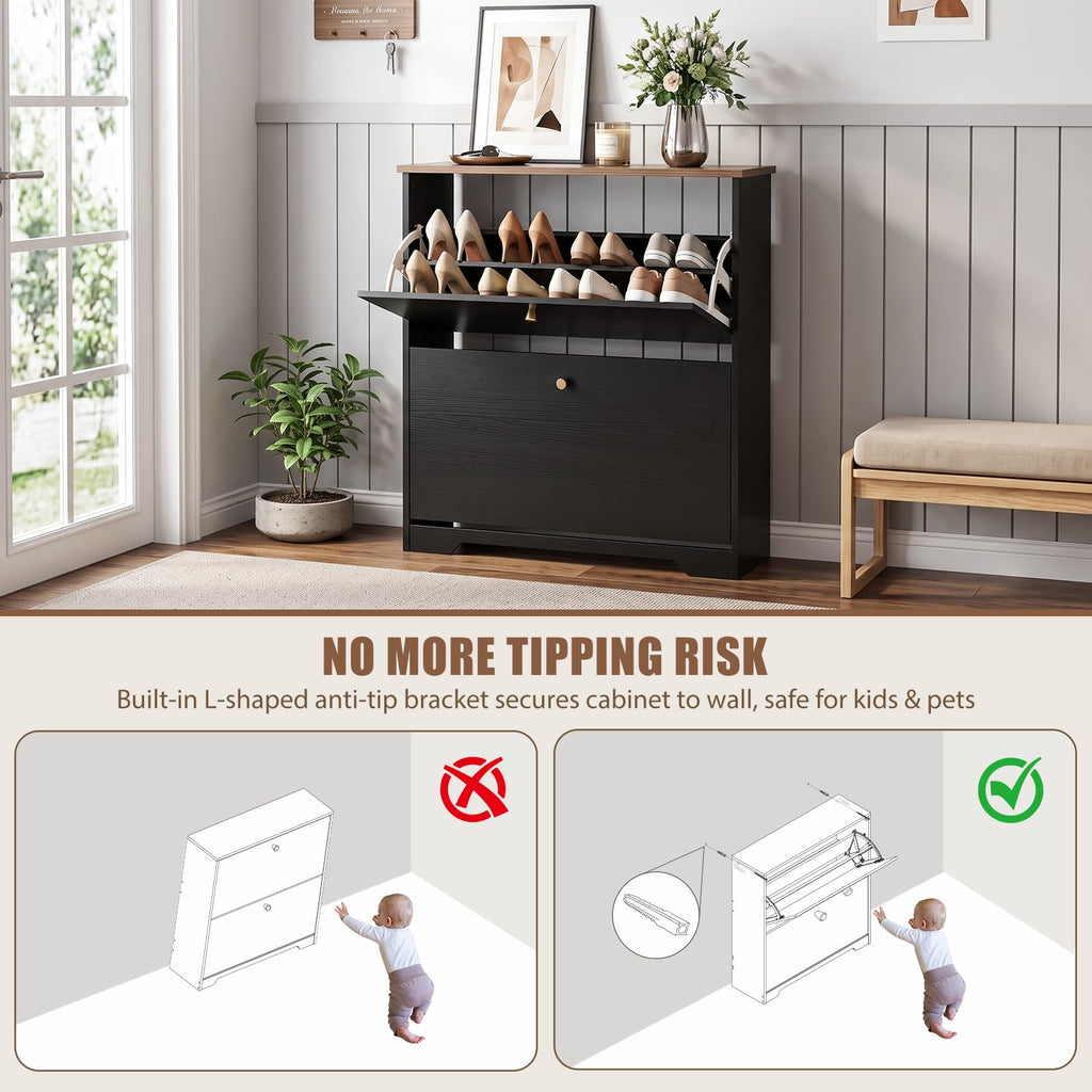 Shoe Cabinet, 2 Flip Drawers Slim Black Walnut Top Entry Storage