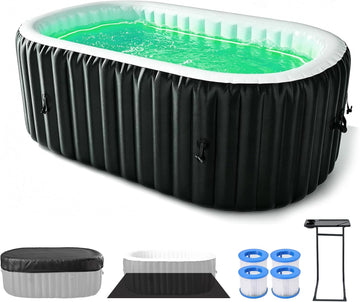 Inflatable Blow Up Hot Tub with LED Lights, 2 Person Oval Portable Hot Tub, Leak-Proof PVC Outdoor Spa with 100 Air