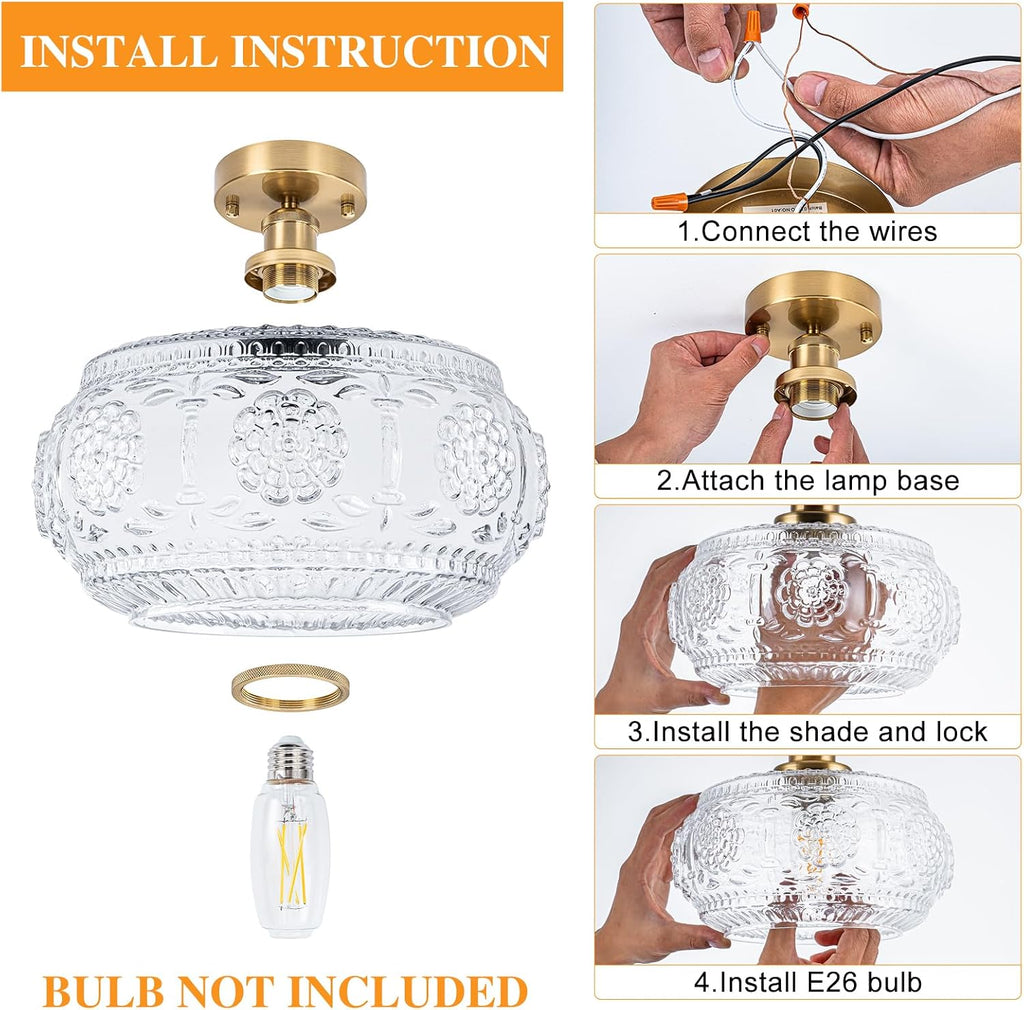 Semi Flush Mount Ceiling Light Fixture - Brass & Floral Glass Shade, Vintage Modern Lighting (Bulb Not Included)