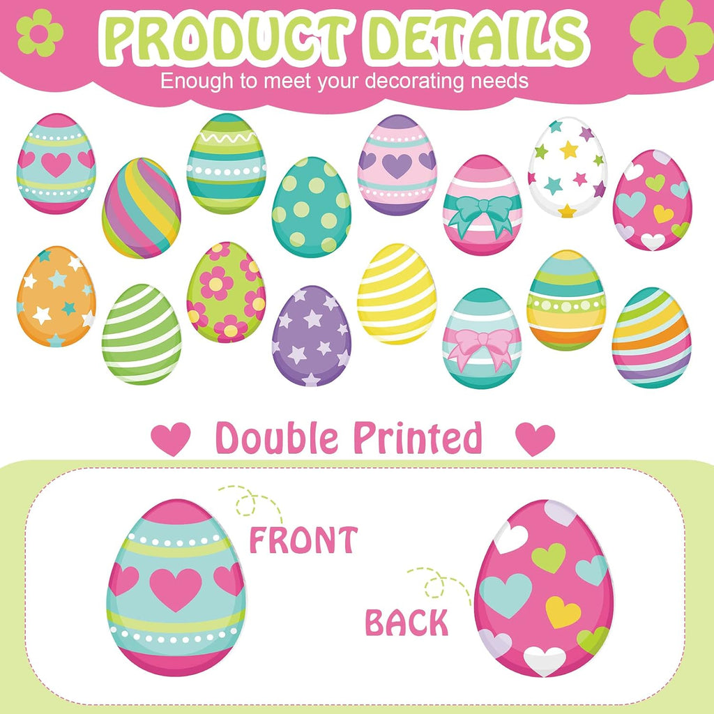 Easter Decorations Outdoor Easter Eggs Hanging Yard Signs 7.9 Inch Large Colorful Egg Shaped Double Sided - Set of 16