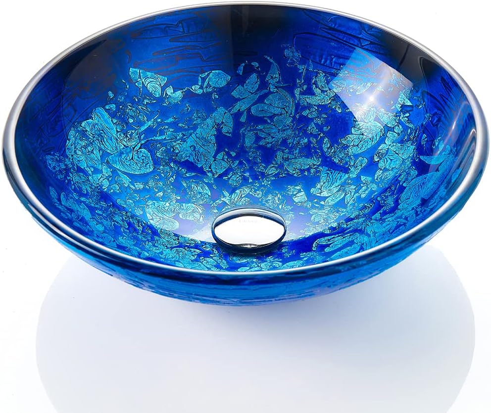 Blue OceanMystery Series Tempered Deco Glass Vessel Bathroom Sink in Starry Blue | Top Mount Sinks Above Countertop |