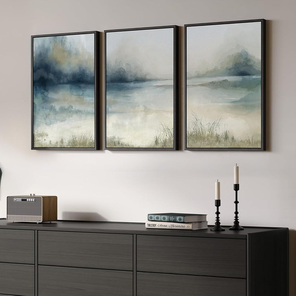 Large Framed Blue Nature Landscape Wall Art, 3 Piece 24x36 - Set of 3