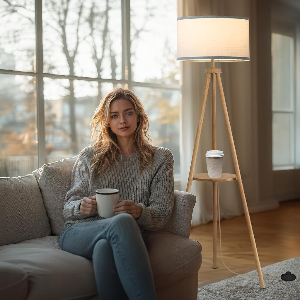 Floor Lamp with 3 Light Modes Adjustable - Wood Tripod Floor Lamp Modern LED Standing Lamp with Dimmable Brightness, Burlywood
