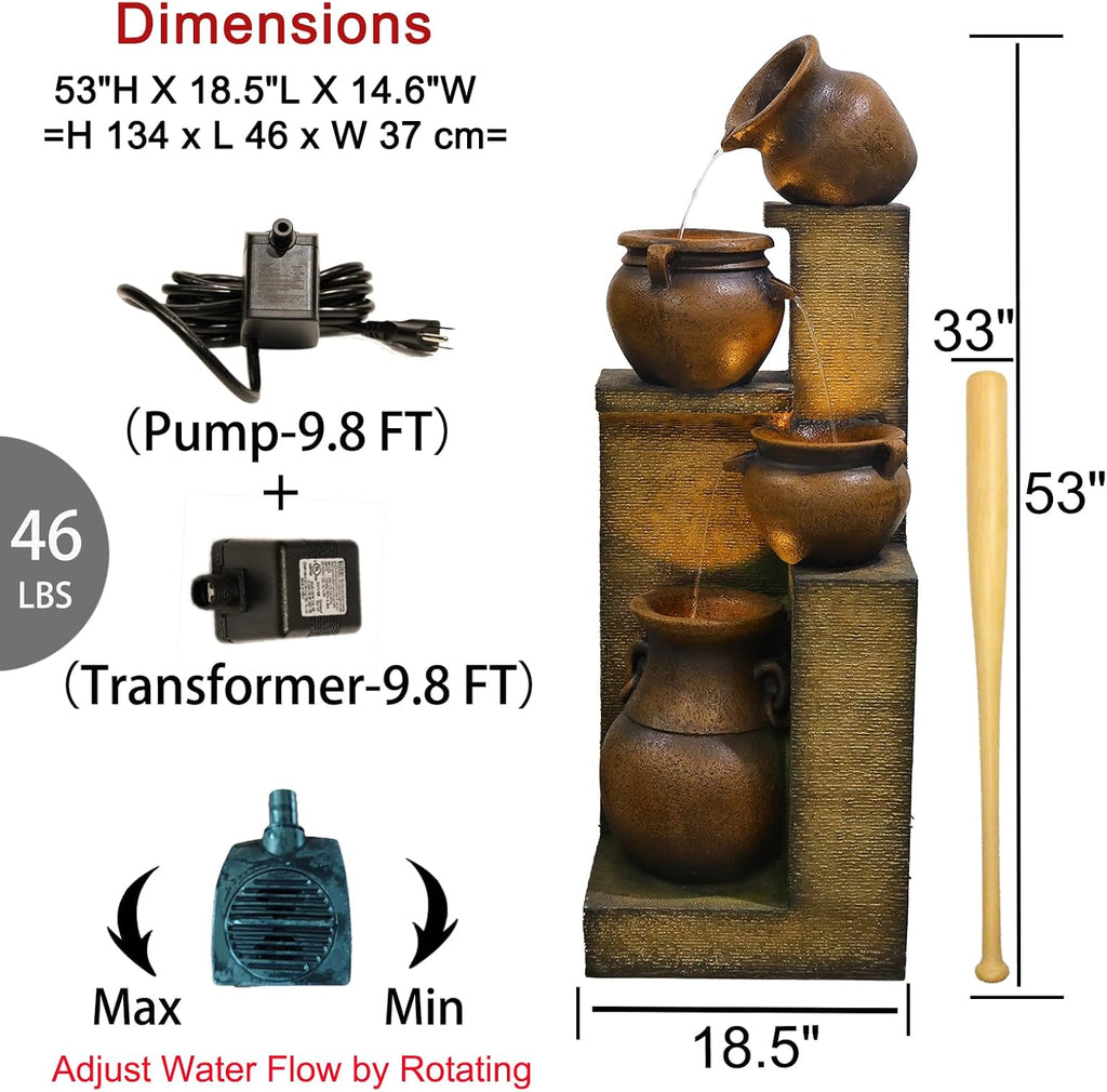 Water Fountain Outdoor Fountain with Lights - 53 Inches 4 Tiered Floor Standing Outdoor Water Fountains