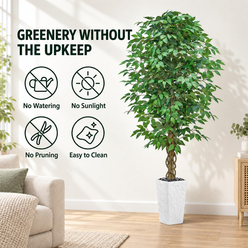 Artificial Ficus Tree 7FT, Large Fake Tree Decor (White Planter)