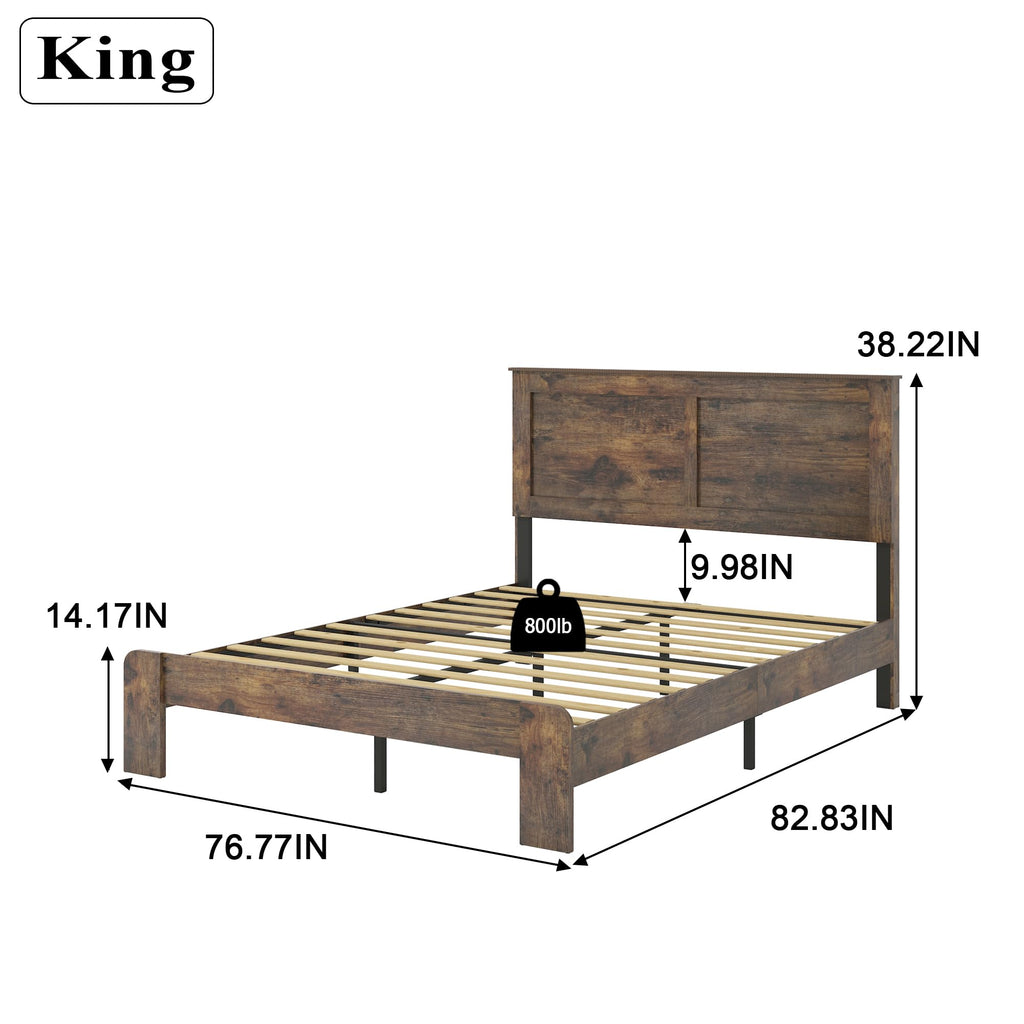 Wood King Size Bed Frame with Headboard and Footboard, Dark Brown