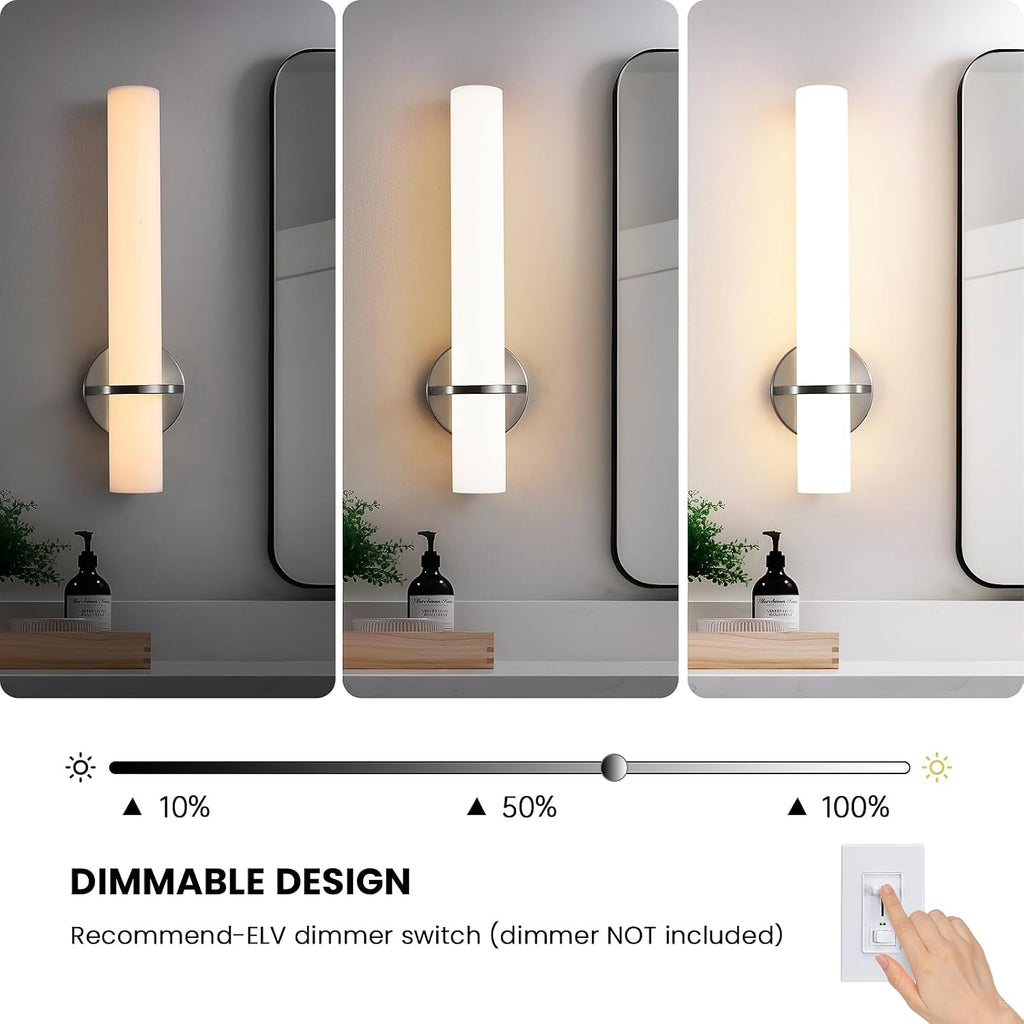 Brushed Nickel Bathroom Sconces Wall Lighting 18W LED Dimmable Vanity Light Fixture, 2700K-5000K Indoor Modern Wall