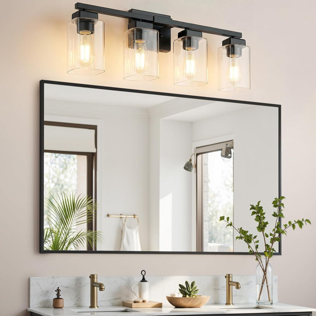 27" Bathroom Light Fixtures Over Mirror,4-Light Black Vanity Light | Square Clear Glass & Durable Metal, Quick & Easy