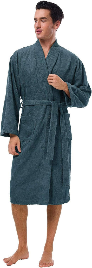 Men's Terry Cotton Robe, Absorbent Kimono Towel Bathrobe for Spa and Hotel, Soft Shower Calf Length Cloth with Pockets