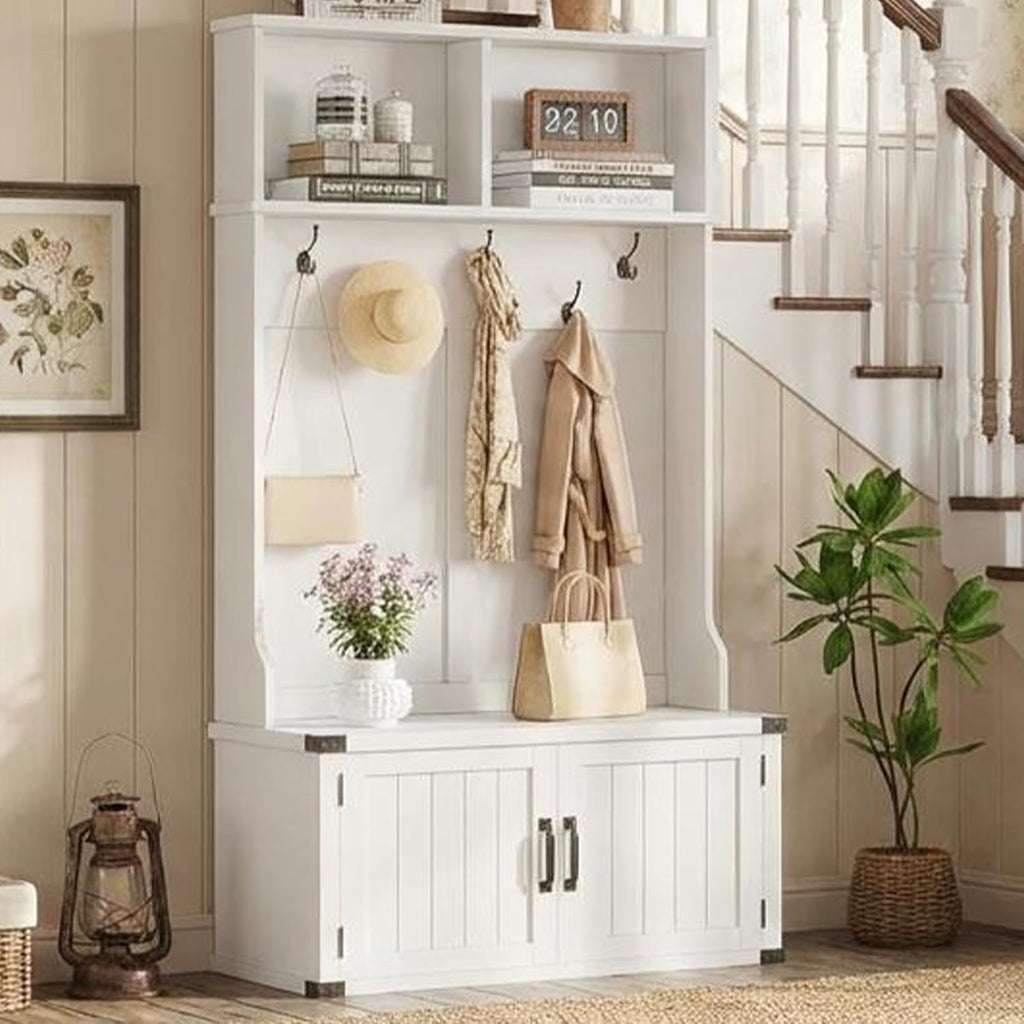 Farmhouse Hall Tree with Bench and Shoe Storage, 77" Tall Entryway Hall Tree w/ 5 Tri-Hooks Coat Rack, Mudroom Rack