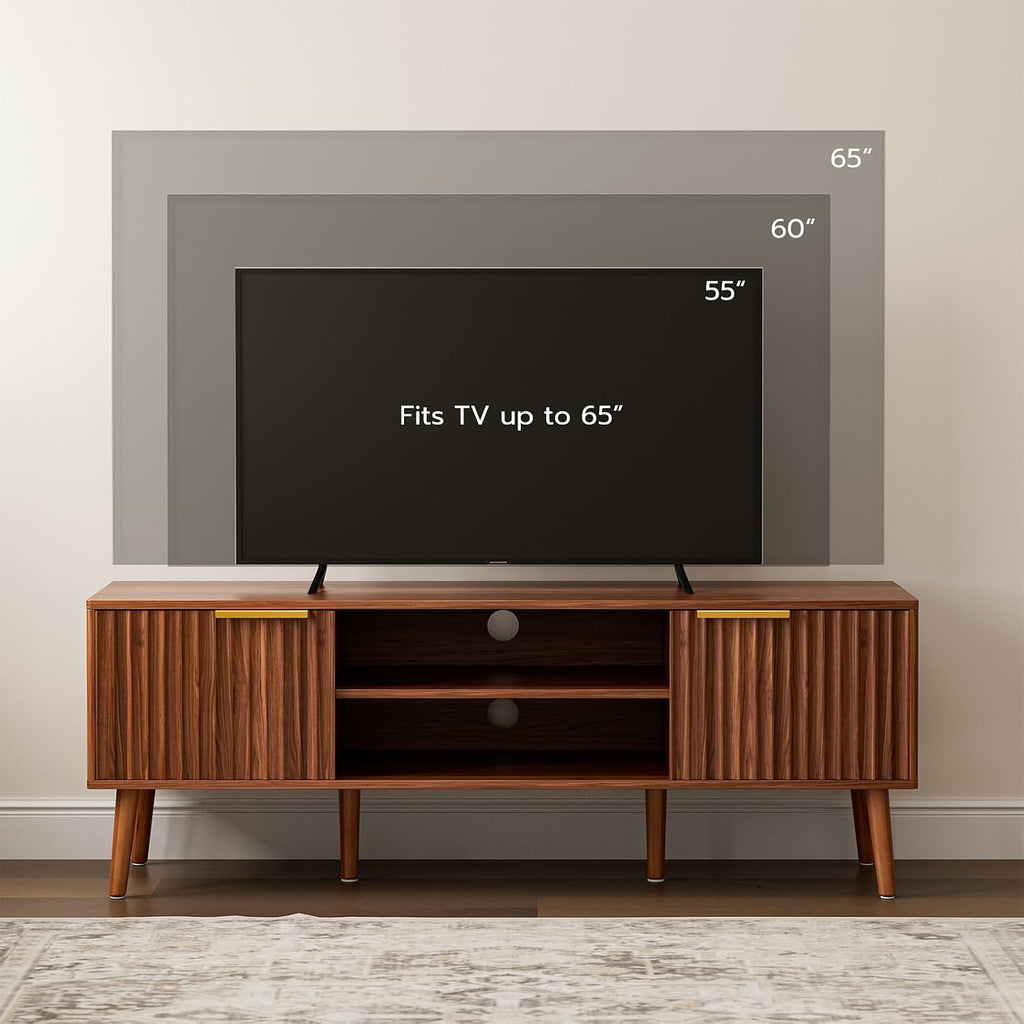 TV Stand with Fluted Doors for TVs up to 65", Mid-Century, Walnut | 54.3"W 15.3"D 19.6"H, 150 lbs capacity, 2 fluted
