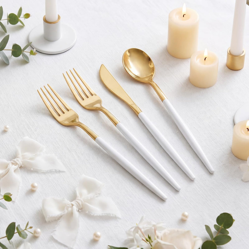 102pcs White and Gold Plastic Silverware Set, 34 Guests