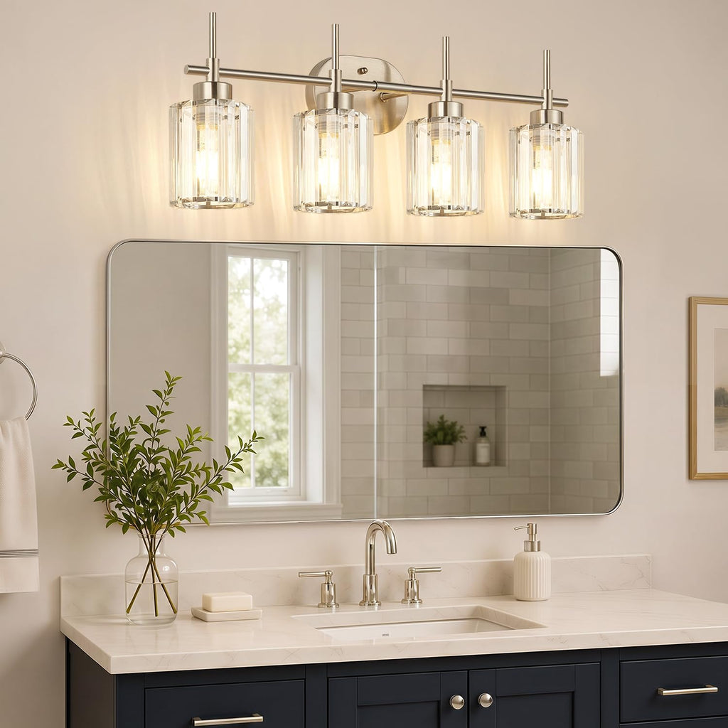 Modern Crystal Vanity Light Fixtures, 4-Light Brushed Nickel Bathroom Vanity Lighting Over Mirror, Bathroom Light