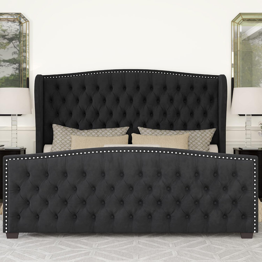 Queen Platform Bed Frame, Velvet Upholstered Bed with Deep Button Tufted & Nailhead Trim Wingback Headboard/No Box