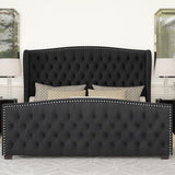 Queen Platform Bed Frame, Velvet Upholstered Bed with Deep Button Tufted & Nailhead Trim Wingback Headboard/No Box