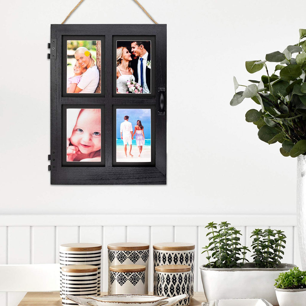 Vintage Farmhouse Window Photo Frame: Rustic Hanging Distressed Wood Collage Picture Frame. Holds Four 4x6 or 5x7
